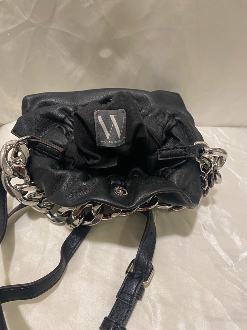Worthington Black Leather Drawstring Crossbody Bag with Silver Chain